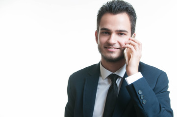 Happy businessman, positive emotions, portrait on white background