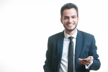 Happy businessman, positive emotions, portrait on white background