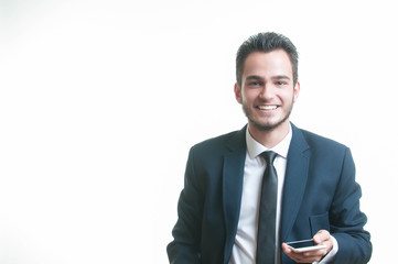 Happy businessman, positive emotions, portrait on white background