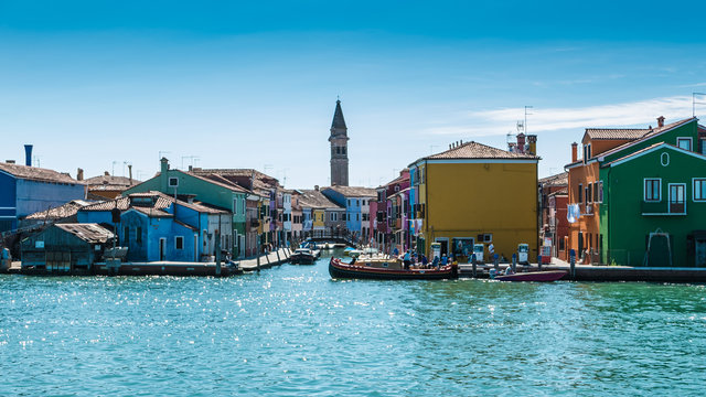 Typical brightly colored houses of Burano, Venice lagoon, Italy.