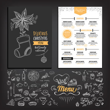 Vector christmas restaurant brochure, menu design. Vector holiday template with xmas hand-drawn graphic. Happy New Year invitation flyer.