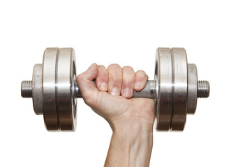 Plakat Big dumbbell on a white background in hand