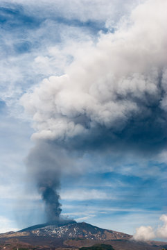 Strong paroxysm on volcano Etna on 4 December 2015; ash plume emitted from the summit crater called "Voragine"