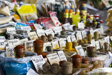 Beautiful vivid oriental market with bags full of various spices