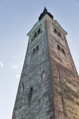 Obraz premium Church Assumption of Mary bell tower on lake Bled island