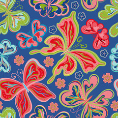 Seamless floral background with butterflies. Summer beautiful abstract pattern.