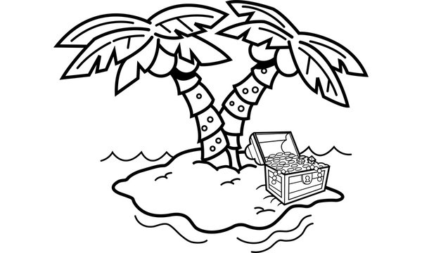 recommend clip art: Black and white illustration of an island with palm trees and a treasure chest.