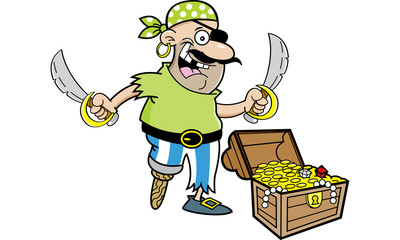 Cartoon illustration of a pirate with a treasure chest.