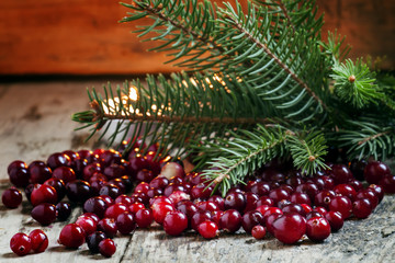 Ripe cranberries with fir branches on the background light candl