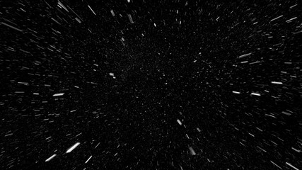 Fast falling snowflakes towards on black background, matte, wide angle, perfect for digital...
