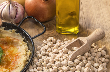 Homemade hummus with garlic and onions paprika