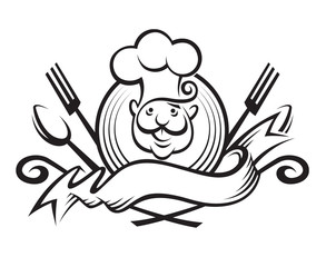 monochrome illustration of a chef with spoon, fork and ribbon