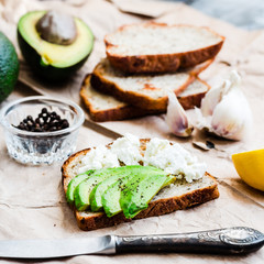 toast with fresh avocado and goat cheese, snack,selective focus