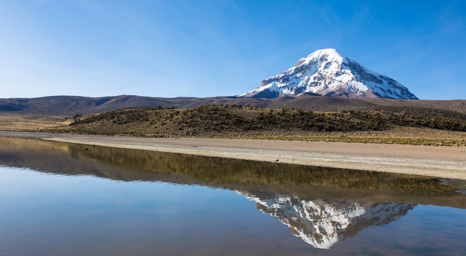 Sajama volcano and lake Huayñacota. Andean Bolivia