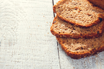 Slices of grain bread on the boards