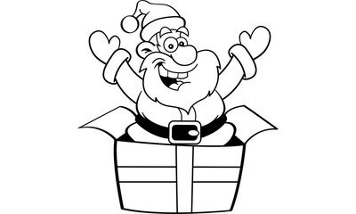 Black and white illustration of Santa Claus jumping out of a gift box.