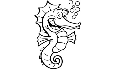 Black and white illustration of a smiling sea horse. © bennerdesign