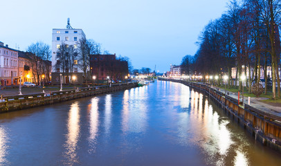Night view of Danes river in the Old Town district. Klaipeda city, Lithuania.