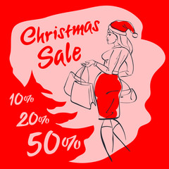 christmas sale. shopping woman in santa hat with shopping bag. christmas shopping