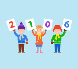 children in winter clothes holding numbers 2016. happy new year