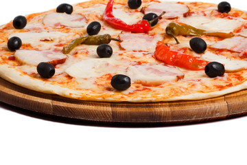 Pizza with bacon, ham, close-up