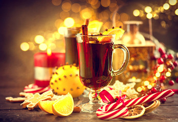 Traditional Christmas mulled wine hot drink. Holiday decorated Christmas table