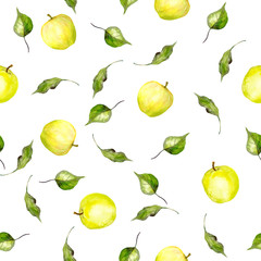Seamless pattern with yellow apples and leaves 