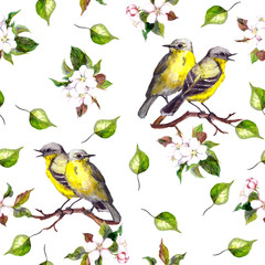 Seamless background with couple of song birds with spring flowers