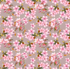 Vintage pink apple, cherry (sakura) flowers. Seamless floral wallpaper. Retro aquarelle on gray background