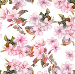 Fototapeta premium Pink fruit (apple, cherry, sakura) flowers. Seamless floral template. Aquarelle on white background