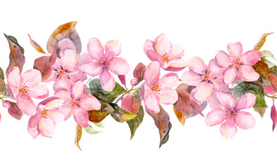 Naklejki  Różowe kwiaty jabłoni lub wiśni. Rama bez szwu kwiatowy pasek. Malowane akwarelą frędzle