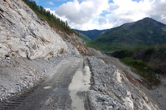 Mountain gravel road at Kolyma state highway