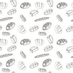 Fototapeta na wymiar Seamless pattern background sketch of bakery products - bread, baguette Design element for for textiles, advertising, brochures, menu on white