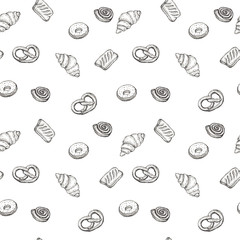 Seamless pattern background sketch of bakery products - croissant, puff, donut, bun, brezel(pretzels) Design element for for textiles, advertising, brochures, menu on white
