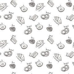 Seamless pattern background sketch of bakery products - croissant, puff, donut, bun, brezel(pretzels) with lettering Design element for for textiles, advertising, brochures, menu on white