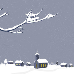 Winter scenery with snow-covered village and branch in the front. Christmas greeting card vector illustration.