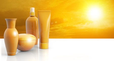 set of sun lotions in a sunny sky