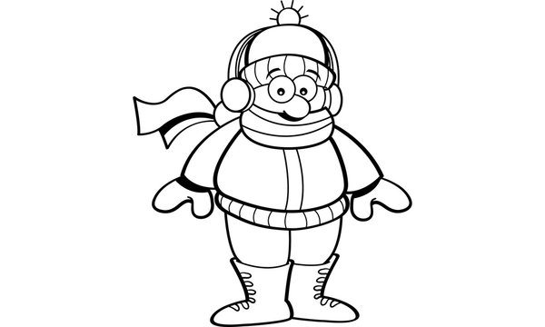 Black and white illustration of a kid wearing winter clothing.