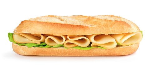 close up of a cheese and lettuce submarine isolated on white