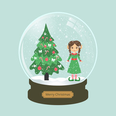 christmas snow globe and girl elf with braid and fir-tree