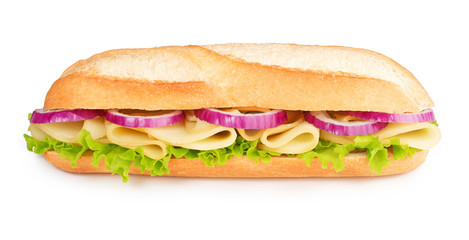 baguette with cheese, lettuce and red onion