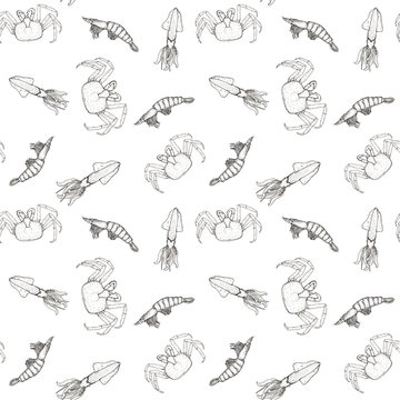 sketch seamless pattern with seafood - red crab, shrimp and squid on white background