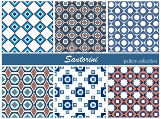 Collection of seamless patterns. Blue and white colors. Santorini island colors. Vector illustration - obrazy, fototapety, plakaty