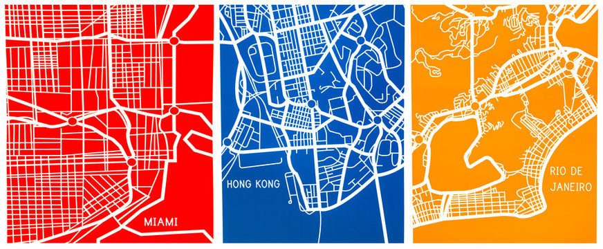 stylized map of Miami, Rio de Janeiro and Hong Kong's colors of blue red yellow to decorate a room or hotel