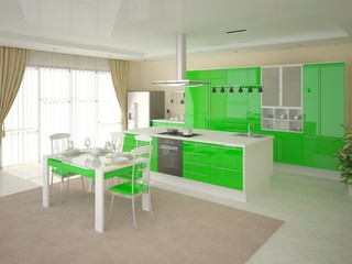 Modern kitchen with bright green furniture .