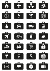Logistics service icons set represented by suitcases with logistics symbols. Quick delivery of any type of cargo around the world using all possible kinds of transport to save clients time and money.