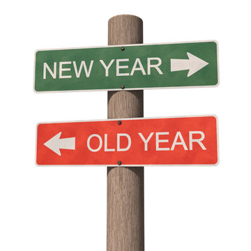 New Year and Old Year signpost. Greeting card. 3d illustration