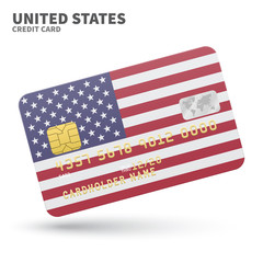 Credit card with United States flag background for bank, presentations and business. Isolated on white