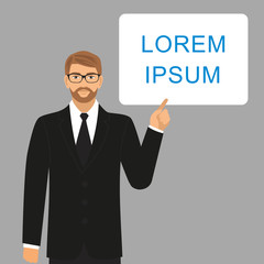 a man with glasses and a suit pointing to a blank sheet.businessman holding empty white placard showing copy space holding empty white placard showing copy space