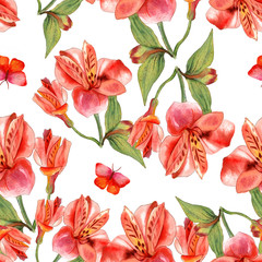 Seamless watercolor flowers (alstroemerias) and butterflies background pattern design